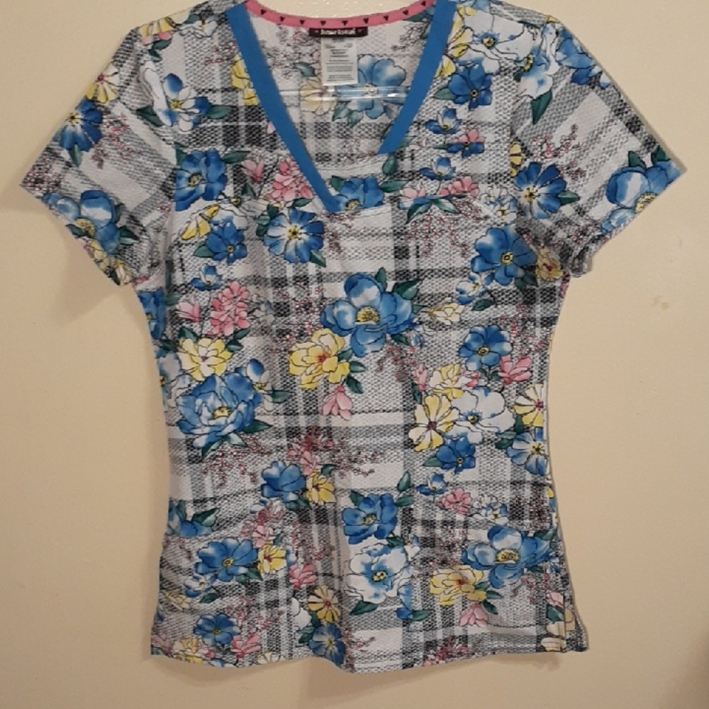 HeartSoul Blue Floral Plaid V-Neck Scrub Top